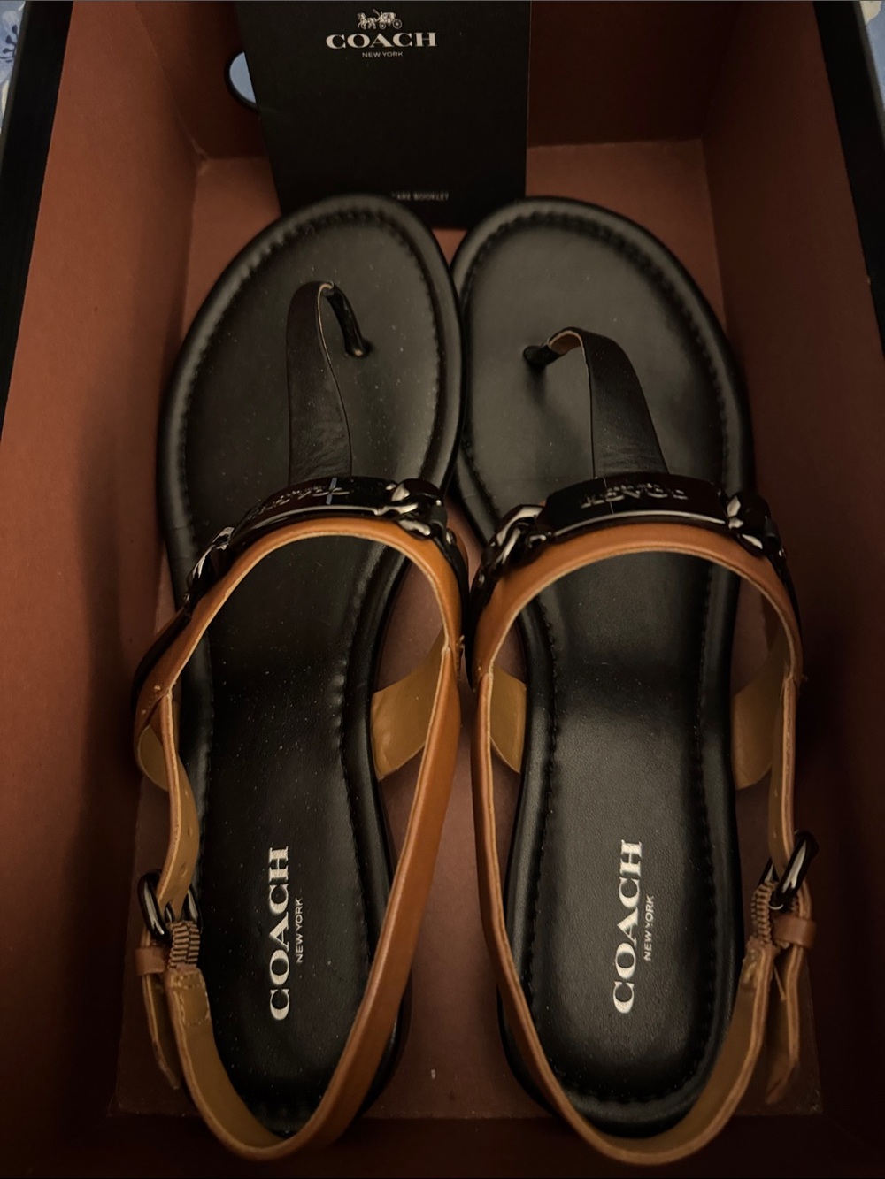 Coach Black Footbed Tan Leather Chain-Trim Sandals